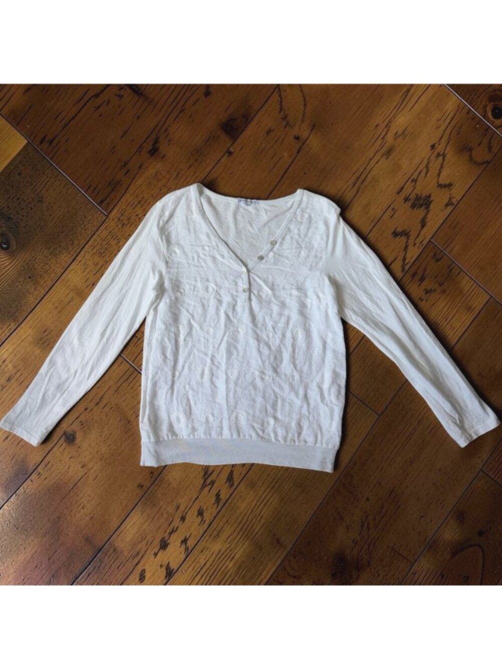 Tempo Paris White Linen Blend Embroidered Dot Top Small V-neck Minimalist Shirt - Picture 2 of 5